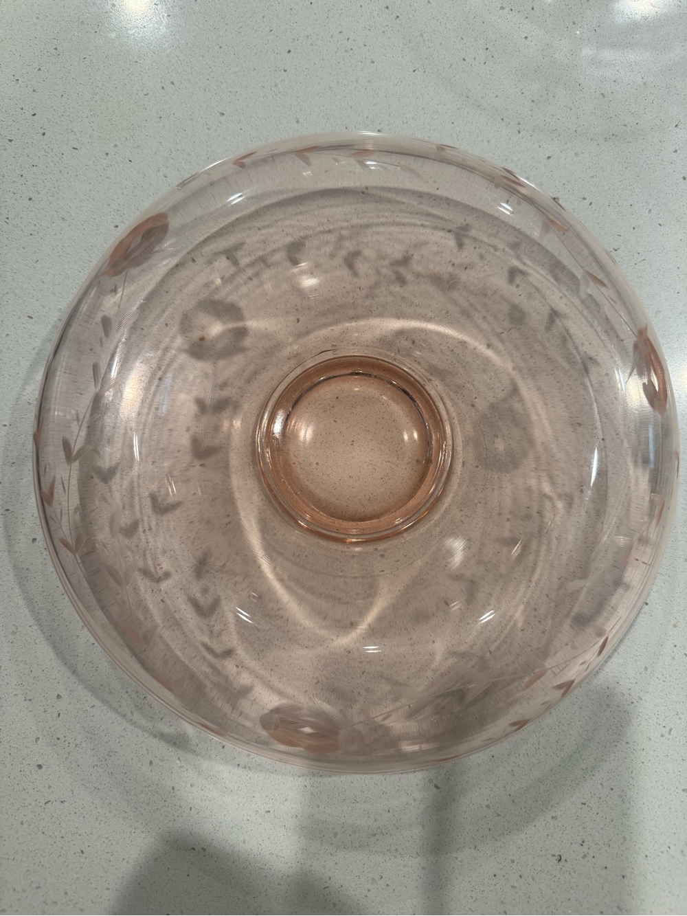 Pink Depression Glass Console Bowl with Etched Floral Details 11”